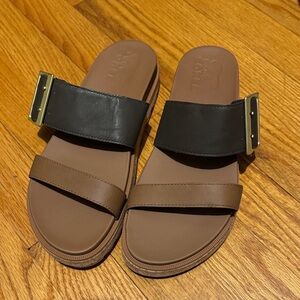 Sorel Black and Brown Slide Sandals with Gold Buckle